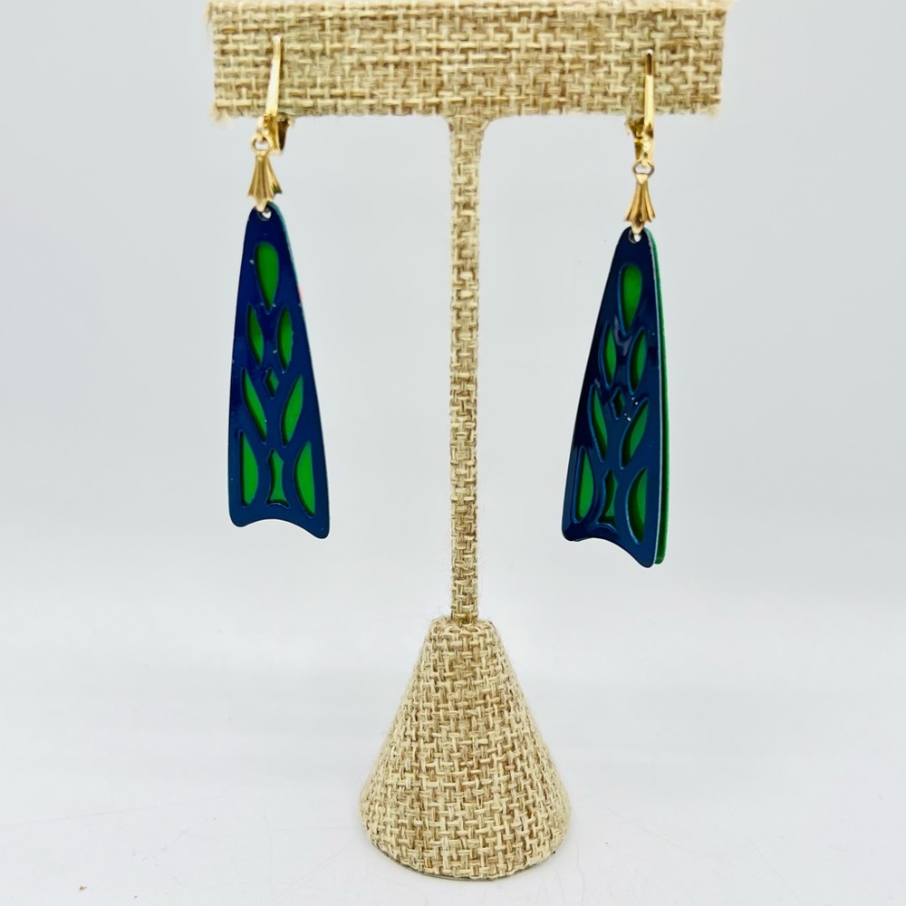 Vintage green & navy clip on dangles enamel geometric abstract earrings